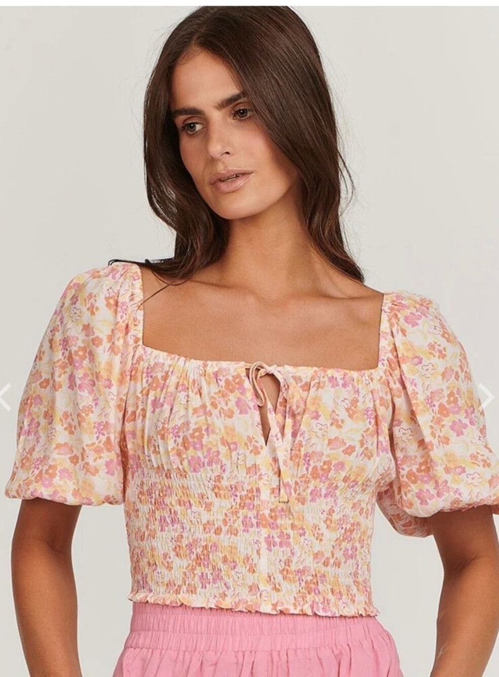 Charlie Holiday Audrey Floral Crop Top XL Pink Puff Sleeve NWT